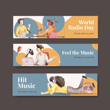 Reklam ve pazarlama suluboya vektör illüstrasyonu için dünya radyo günü konsepti tasarımı banner şablonu