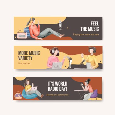Reklam ve pazarlama suluboya vektör illüstrasyonu için dünya radyo günü konsepti tasarımı banner şablonu