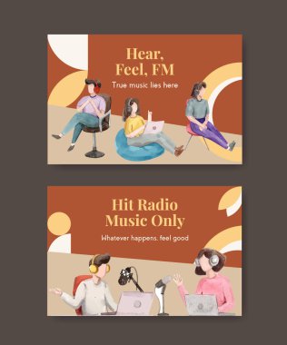 Sosyal medya ve topluluk suluboya vektör çizimi için dünya radyo günü konsepti tasarımı ile Facebook şablonu