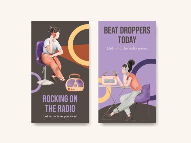 Sosyal medya ve dijital pazarlama suluboya vektör çizimi için dünya radyo günü konsept tasarımı ile Instagram şablonu