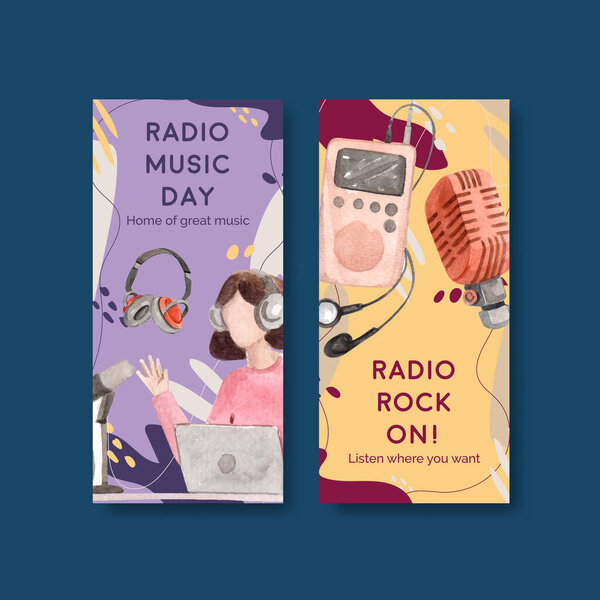 Flyer template with world radio day concept design for brochure and leaflet watercolor vector illustratio
