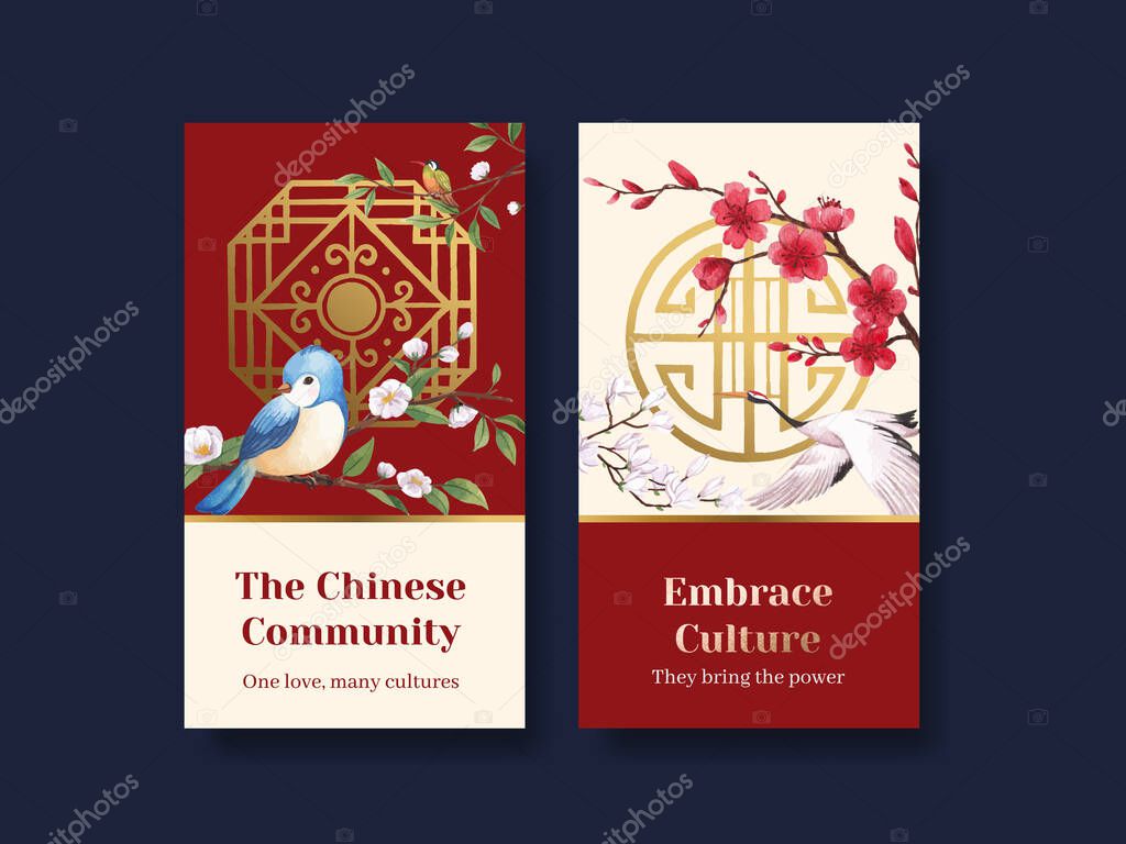 Instagram template with Happy Chinese New Year concept design with social media and online marketing watercolor vector illustratio