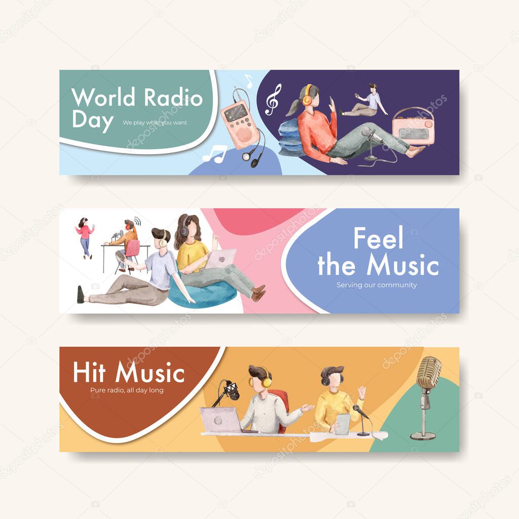 Banner template with world radio day concept design for advertise and marketing watercolor vector illustratio