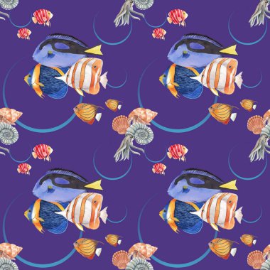 Deniz yaşamı konsepti tasarımlı desen suluboya vektör çizimi