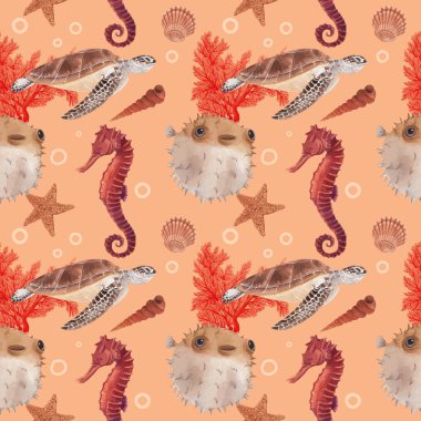 Deniz yaşamı konsepti tasarımlı desen suluboya vektör çizimi
