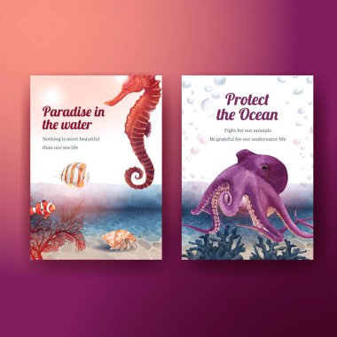 Deniz hayatı konsepti tasarımı, suluboya vektör çizimi içeren teşekkür kartı