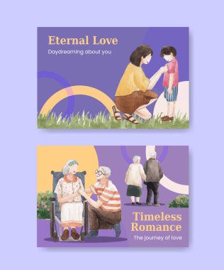 Sosyal medya ve online pazarlama suluboya vektör çizimi için cennet aşk konsepti tasarımı ile Facebook şablonu