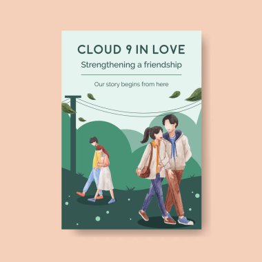 Reklam ve pazarlama suluboya vektör çizimi için cennet aşk konsepti tasarımı ile poster şablonu