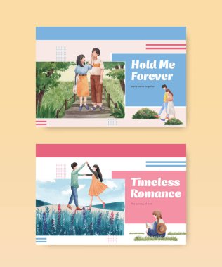 Sosyal medya ve online pazarlama suluboya vektör çizimi için cennet aşk konsepti tasarımı ile Facebook şablonu