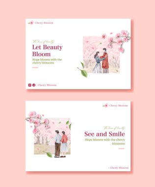 Sosyal medya ve topluluk suluboya vektör çizimi için kiraz çiçeği konsepti tasarımlı Facebook şablonu