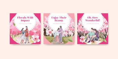 İş ve pazarlama suluboya vektör çizimi için kiraz çiçeği konsepti tasarımı ile reklam şablonu