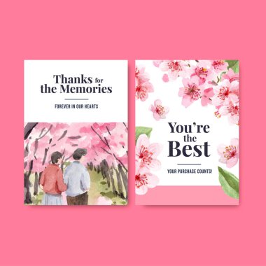 Kiraz çiçeği konsept tasarımı suluboya vektör çizimi içeren teşekkür kartı