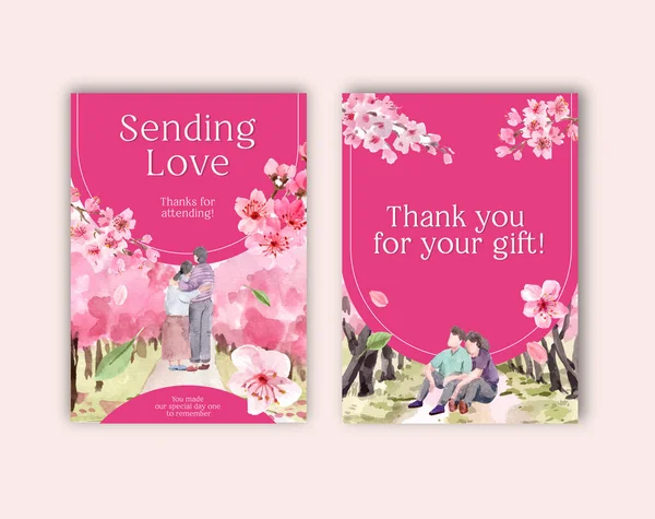 桜のコンセプトデザインのカードありがとうございます水彩ベクトルイラスト比率 — ストックベクタ