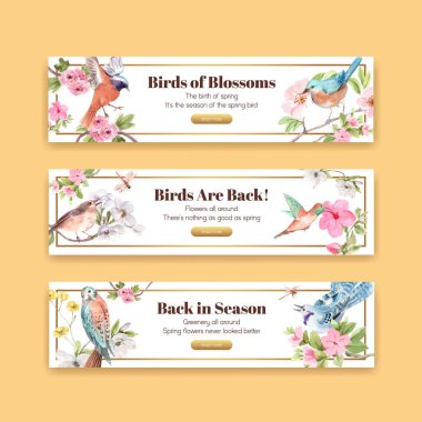 Reklam ve pazarlama suluboya illüstrasyonu için bahar ve kuş konsepti tasarımlı pankart şablonu