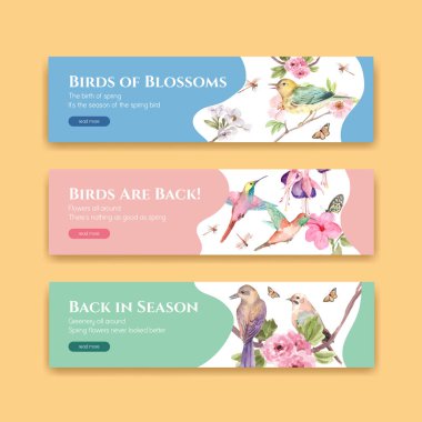 Reklam ve pazarlama suluboya illüstrasyonu için bahar ve kuş konsepti tasarımlı pankart şablonu