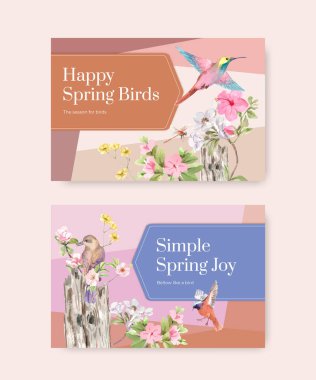 Sosyal medya ve topluluk suluboya illüstrasyonu için bahar ve kuş konsepti tasarımı ile Facebook şablonu