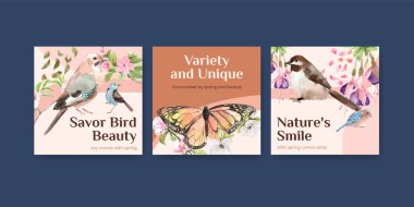 İlkbahar ve kuş konsept tasarımı ile suluboya resimleme için reklam şablonu