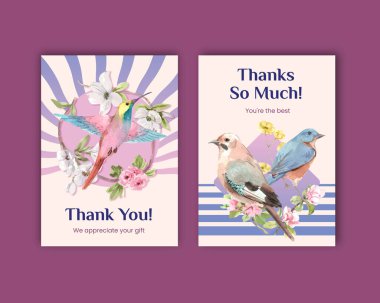 Selamlama ve davetiye suluboya çizimi için bahar ve kuş konsepti tasarımlı kart şablonu