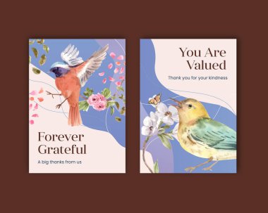 Selamlama ve davetiye suluboya çizimi için bahar ve kuş konsepti tasarımlı kart şablonu