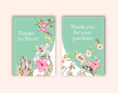 Selamlama ve davetiye suluboya çizimi için bahar ve kuş konsepti tasarımlı kart şablonu