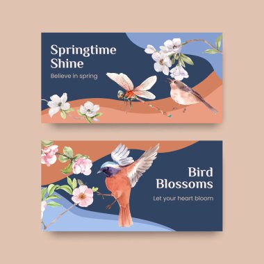 Sosyal medya ve topluluk suluboya illüstrasyonu için bahar ve kuş konsepti tasarımı ile Twitter şablonu