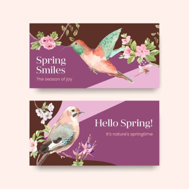 Sosyal medya ve topluluk suluboya illüstrasyonu için bahar ve kuş konsepti tasarımı ile Twitter şablonu