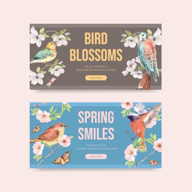 Sosyal medya ve topluluk suluboya illüstrasyonu için bahar ve kuş konsepti tasarımı ile Twitter şablonu
