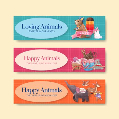  Mutlu hayvanların konsept tasarımı ve suluboya çizimi içeren pankart şablonu