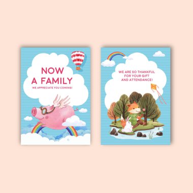  Mutlu hayvan konsepti içeren kart şablonu suluboya çizimi çizimi