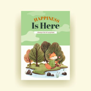 Mutlu hayvan konsepti olan poster şablonu suluboya çizimi çizimi