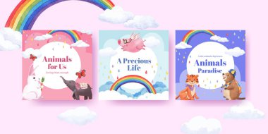 Mutlu hayvanların konsept tasarımı suluboya çizimi ile reklam şablonu