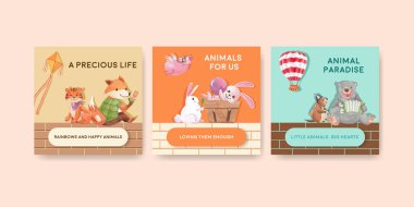 Mutlu hayvanların konsept tasarımı suluboya çizimi ile reklam şablonu