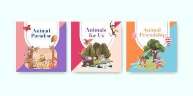 Mutlu hayvanların konsept tasarımı suluboya çizimi ile reklam şablonu