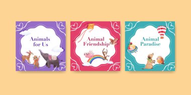 Mutlu hayvanların konsept tasarımı suluboya çizimi ile reklam şablonu