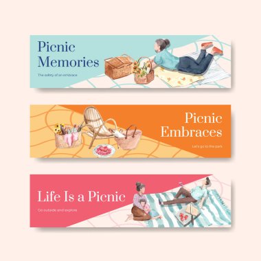 Reklam ve pazarlama suluboya illüstrasyonu için piknik seyahat kavramına sahip pankart şablonu