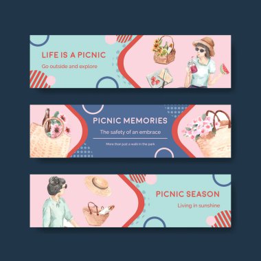 Reklam ve pazarlama suluboya illüstrasyonu için piknik seyahat kavramına sahip pankart şablonu