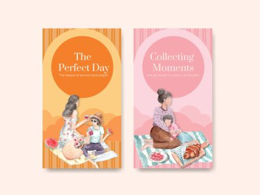 Sosyal medya suluboya çizimi için piknik seyahati konsepti tasarımı ile Instagram şablonu