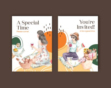 Selamlama ve davetiye suluboya çizimi için piknik konsepti tasarımı içeren bir kartpostal şablonu