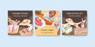 Suluboya illüstrasyonunu pazarlamak için piknik seyahat konseptiyle reklam şablonu