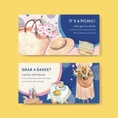 Sosyal medya ve topluluk suluboya çizimi için piknik konsepti tasarımı içeren Twitter şablonu