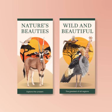 Savannah vahşi yaşam konsepti ile uçan şablon suluboya çizimi illüstrasyonu