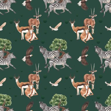 Savana vahşi yaşam konsepti suluboya çizimi ile kusursuz desen