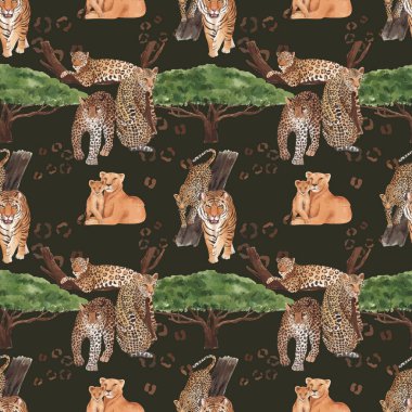 Savana vahşi yaşam konsepti suluboya çizimi ile kusursuz desen