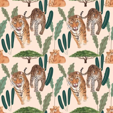 Savana vahşi yaşam konsepti suluboya çizimi ile kusursuz desen