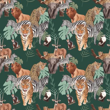 Savana vahşi yaşam konsepti suluboya çizimi ile kusursuz desen