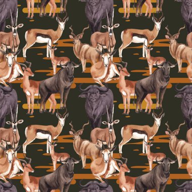 Savana vahşi yaşam konsepti suluboya çizimi ile kusursuz desen