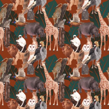 Savana vahşi yaşam konsepti suluboya çizimi ile kusursuz desen