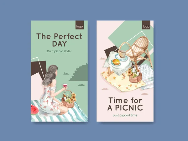 Plantilla Instagram Con Diseño Concepto Viaje Picnic Para Ilustración Acuarela — Vector de stock