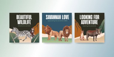 Savana vahşi yaşam konsepti ile tanıtım şablonu suluboya çizimi