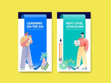 Sosyal medya ve topluluk suluboya çizimi için çevrimiçi öğrenme kavramı tasarımı ile Instagram şablonu